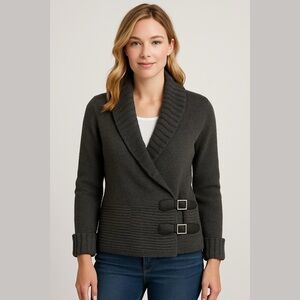 Moda International Gray Sweater Size Medium  Wrap Buckle Shawl Collar Ribbed NWT